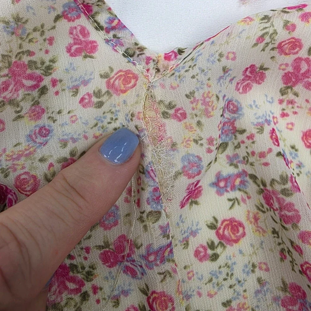 Pink Lily Floral Chiffon Babydoll Long‎ Bell Sleeve V Neck Top Womens L Boho